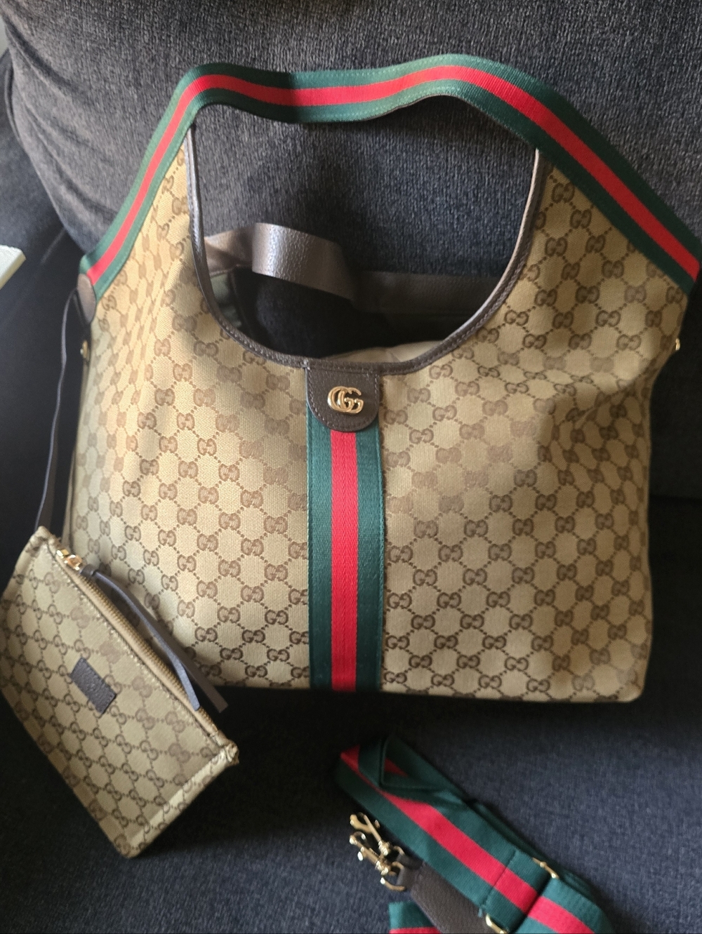 Super Canvas Beige Double GiG Tote Large Shoulder Bag w/classic Red-Green Stripe